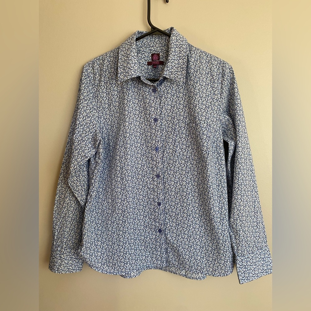 Liberty of London Art Fabrics Button Down Shirt Blue/White Print Floral Size M